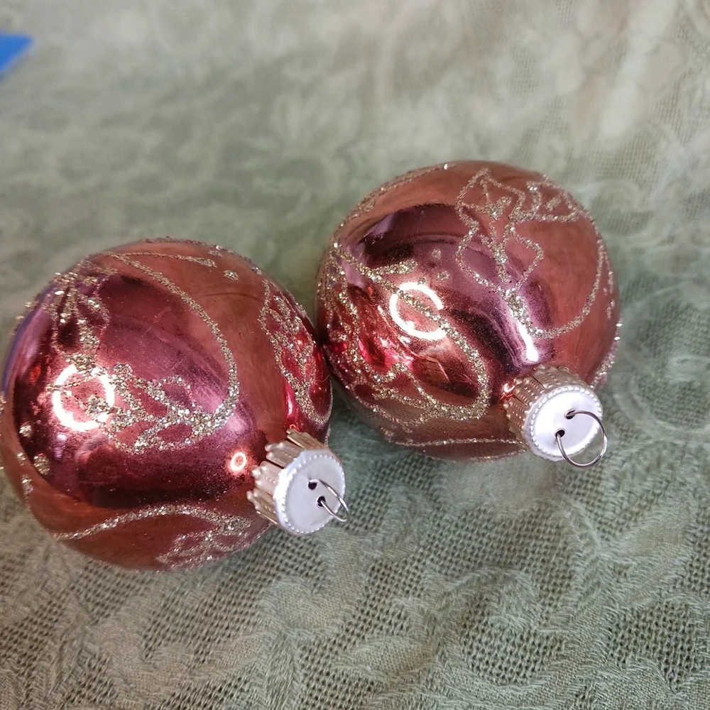 Vintage Blown Glass Gold Glitter Christmas Ornaments 4